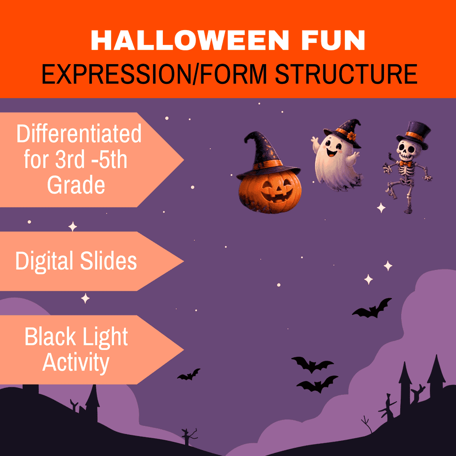 floating Halloween characters over purple night background with orange labels for danse macabre lesson plan